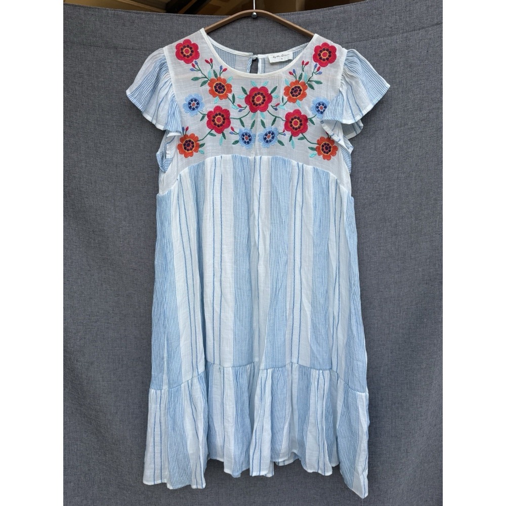 Anthropologie Light Blue Striped Embroidered Floral Midi Dress